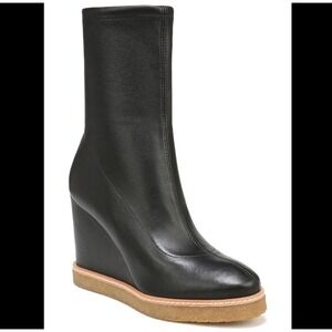 Veronica Beard ARLO Wedge Size 6.5 M Black Leather Boots 3.5" Heel Zip Women's